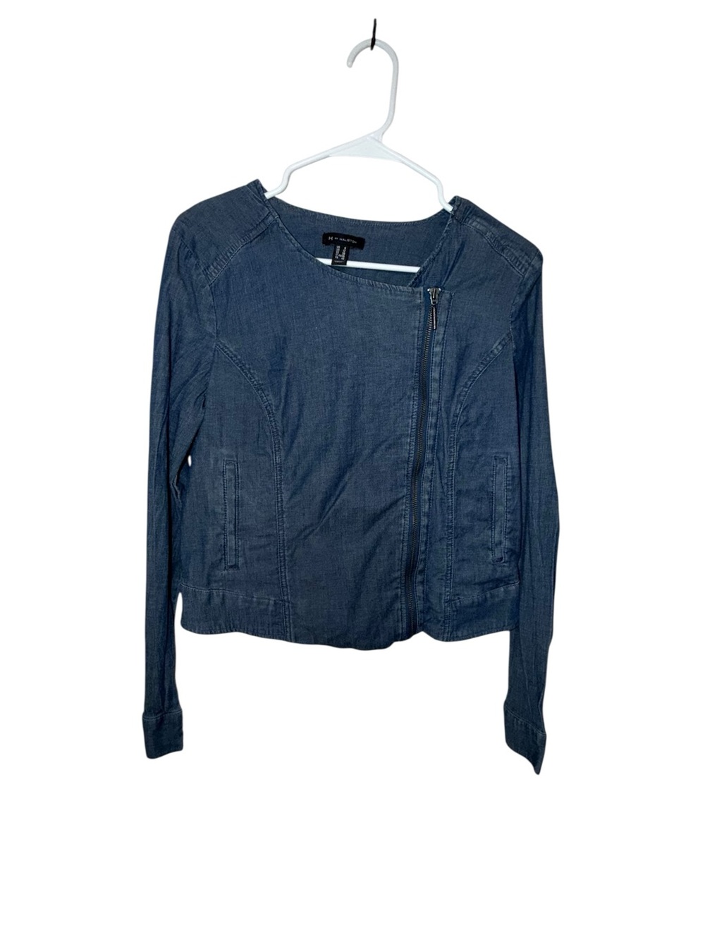 H by Halston Indigo Denim Asymmetrical Zip Jacket